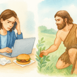 Illustration comparant la femme moderne stressée mangeant un fast-food et l’homme préhistorique cueillant des fruits, symbolisant les carences nutritionnelles liées à l’alimentation industrielle et la naturopathie.