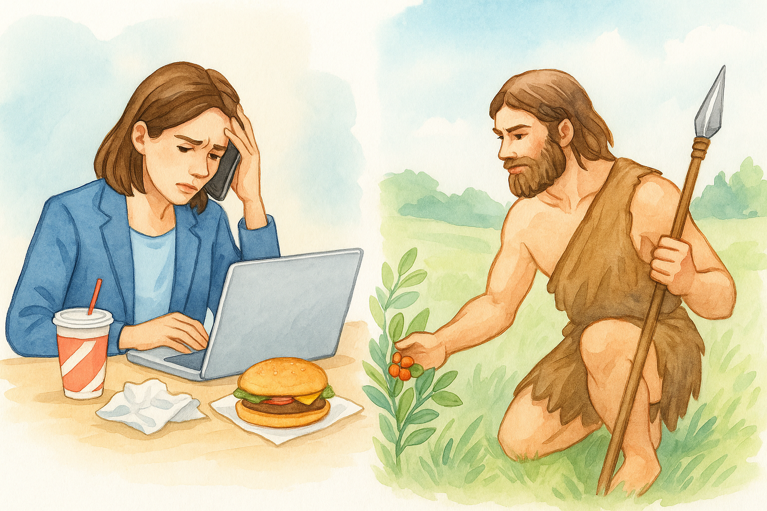 Illustration comparant la femme moderne stressée mangeant un fast-food et l’homme préhistorique cueillant des fruits, symbolisant les carences nutritionnelles liées à l’alimentation industrielle et la naturopathie.