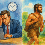 Illustration comparant les effets du stress sur le corps de l’homme moderne, épuisé devant son ordinateur, à la vie du chasseur-cueilleur plus équilibrée et connectée à la nature.