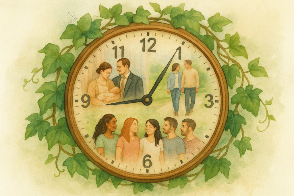 Illustration symbolisant l’évolution du couple à travers le temps, du patriarcat à la diversité contemporaine