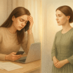 Illustration représentant la femme moderne face à son reflet, la femme de l’époque patriarcale, symbolisant la charge mentale héritée des attentes sociales et familiales.