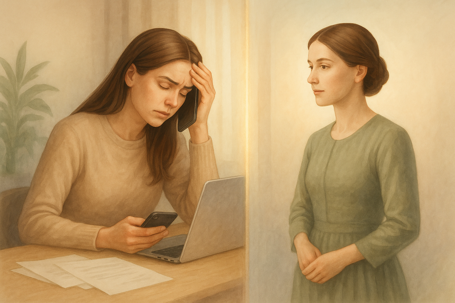 Illustration représentant la femme moderne face à son reflet, la femme de l’époque patriarcale, symbolisant la charge mentale héritée des attentes sociales et familiales.