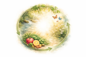 Illustration circulaire représentant l’interconnexion des axes du mieux-être : corps, stress, alimentation, mouvement et relation