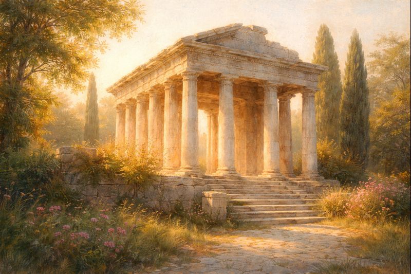 Temple ancien baigné de lumière douce, symbole de stabilité intérieure et de transition vers le mieux-être