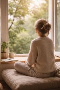 Personne assise près d’une fenêtre, prenant un moment de pause et de respiration dans un environnement calme et naturel