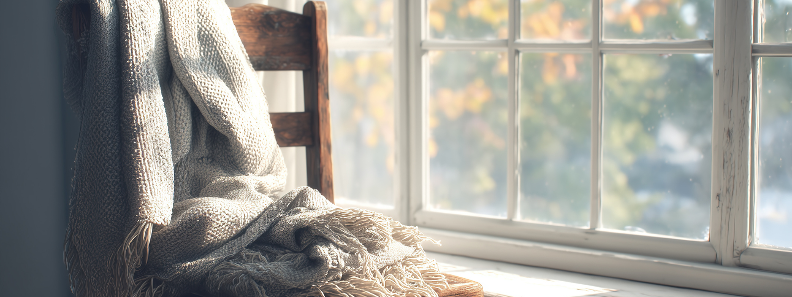 Lumière douce entrant par une fenêtre avec un plaid posé sur une chaise, illustration d’un moment de pause et de régulation intérieure.