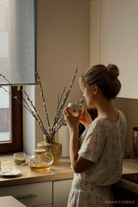 Femme buvant une tasse chaude près d’une fenêtre dans un moment de calme à la maison