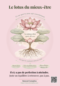 Schéma du lotus du mieux-être après 40 ans montrant les piliers : sommeil, alimentation, mouvement, relations et les bases invisibles comme motivation et bienveillance